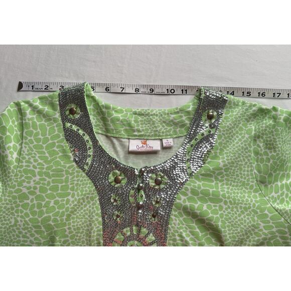 Quacker Factory Large Green White Tunic Silver Sequined Trim At Neck - Picture 5 of 11